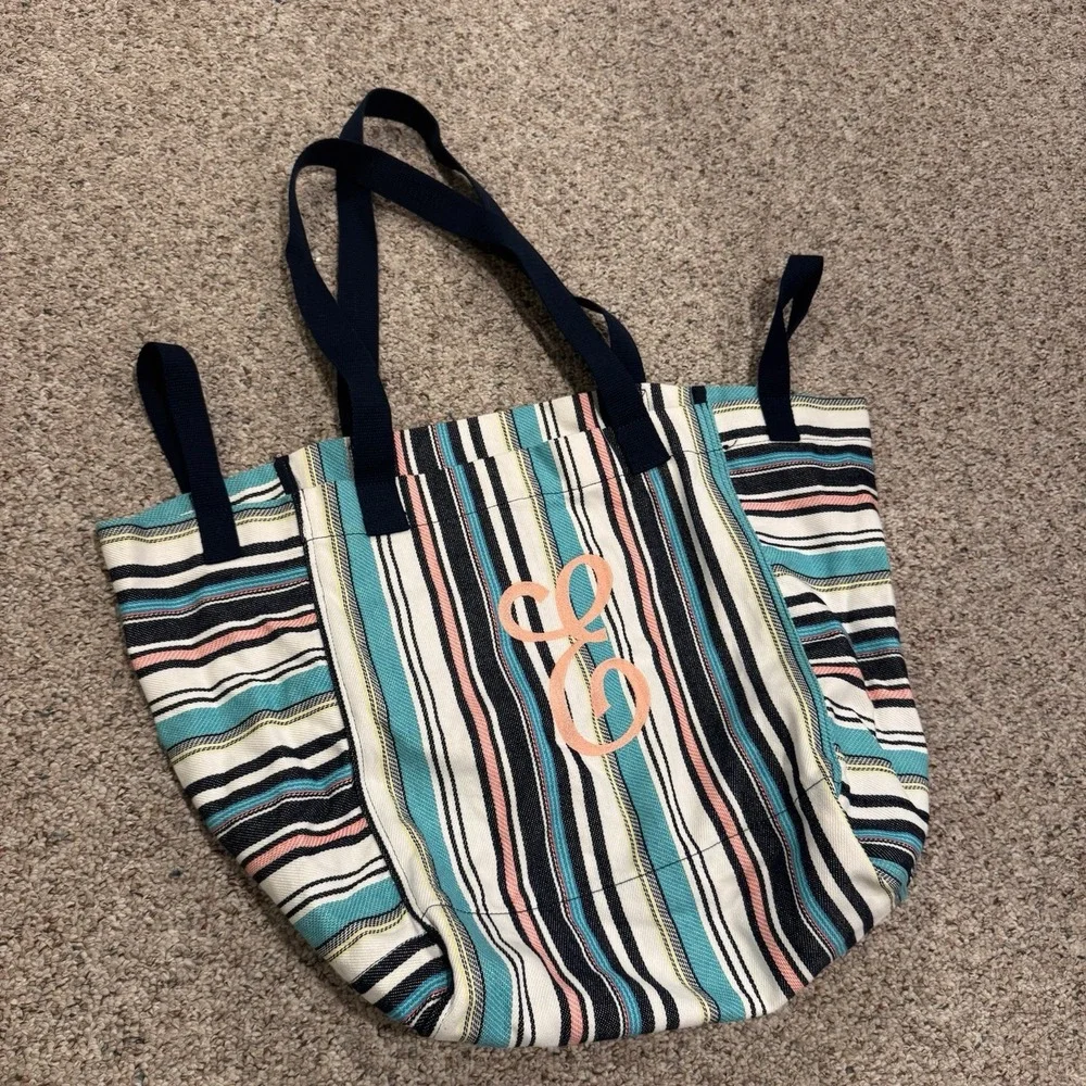 Thirty One Huge New Horizon Striped Beach Tote Blue Caribbean Weave ~ Coral 